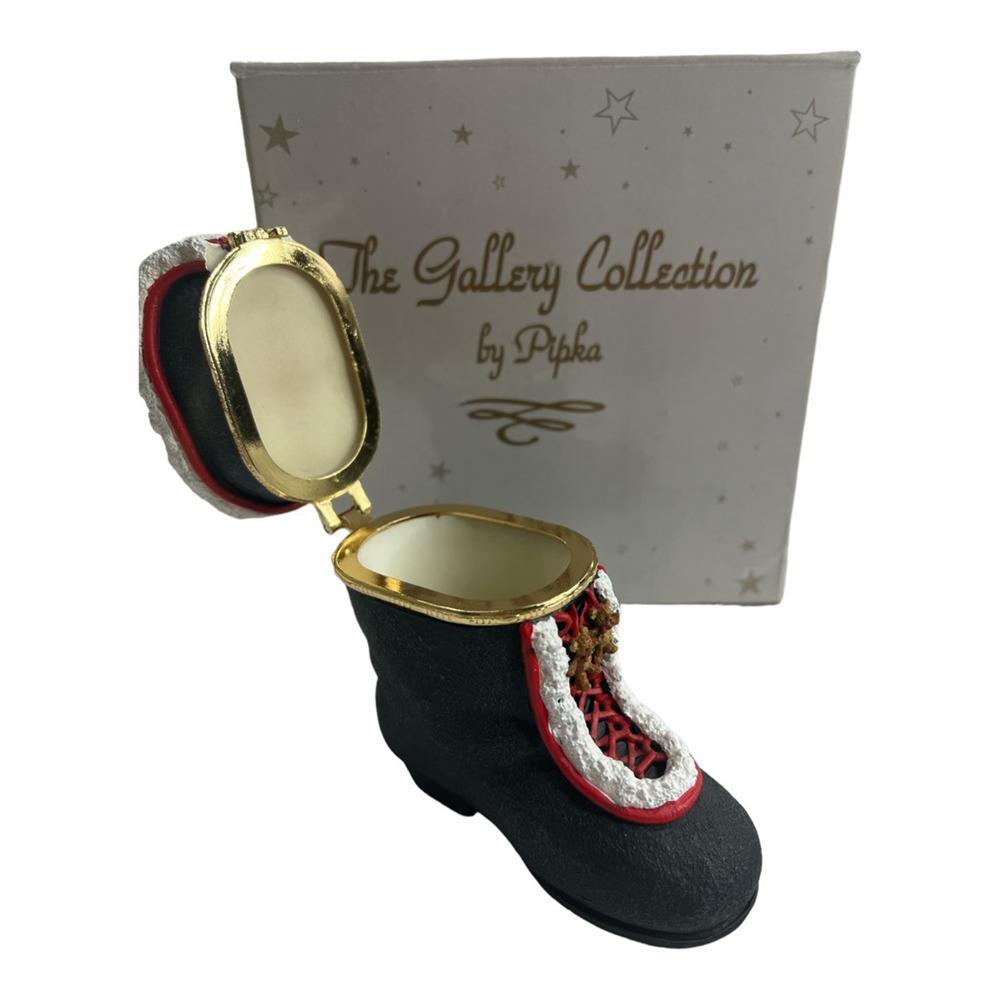 Pipka Gallery Collection #40032 Teddy Bear Santa Boot Trinket Box Christmas 3"